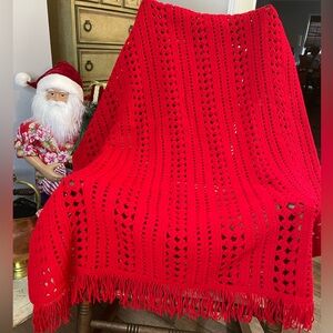Hand Crafted Crochet Afghan/ Lap Blanket with fringe. Vibrant Christmas Red